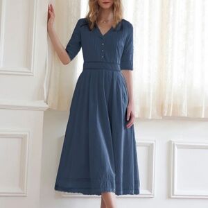 Simple Retro Cotton Dress Brand New! Size L Dusty Blue